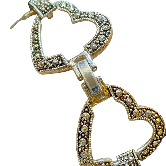 Silver and Marcasite Style Rhinestone Heart Link Bracelet Fold-over Clasp - Picture 6 of 8